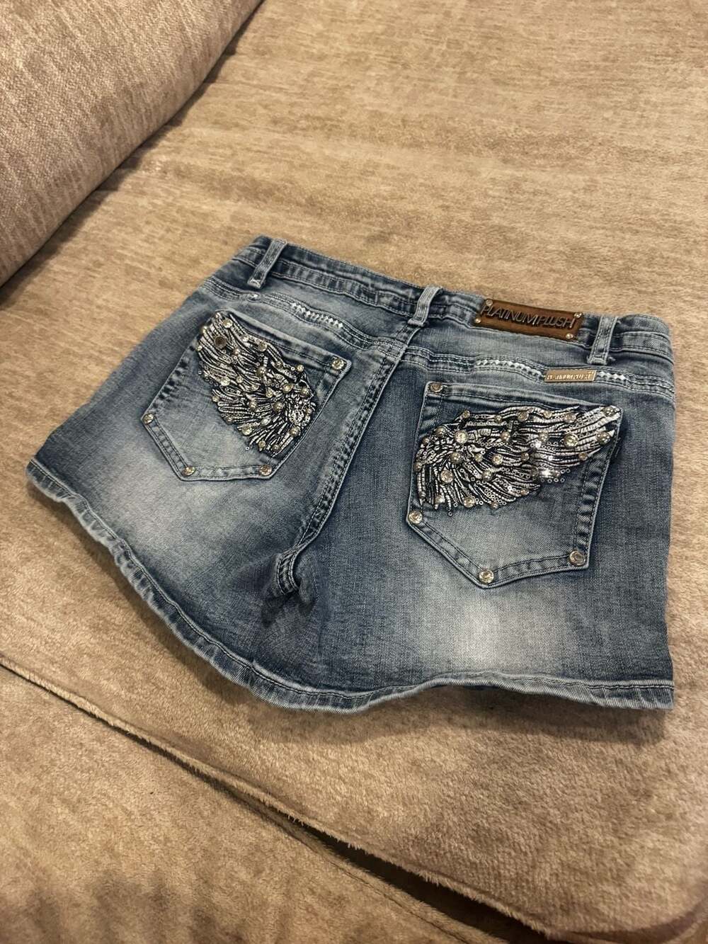 Platinum Plush Angel Wings Rhinestone Denim Shorts Size M